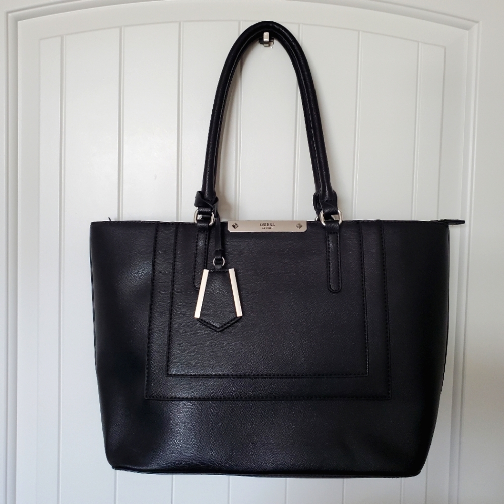 Faux Leather Structured Guess Tote with Charm